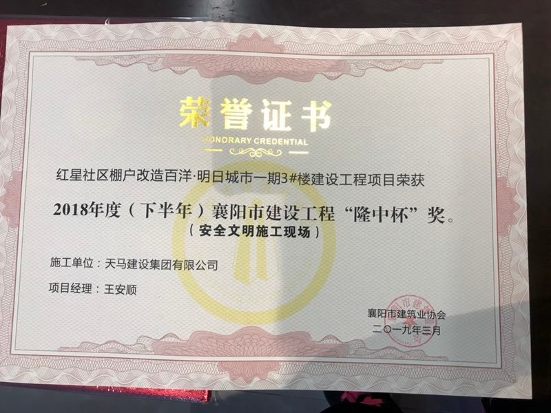 天馬建設(shè)集團(tuán)“襄陽(yáng)·百洋明日城市一期”項(xiàng)目榮獲襄陽(yáng)市建設(shè)工程“隆中杯”獎(jiǎng)